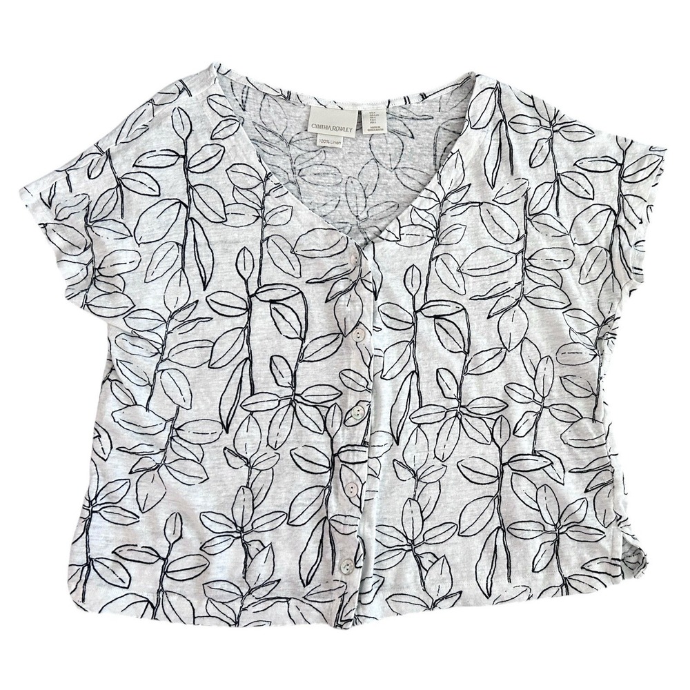 Cynthia Rowley Linen V-Neck Button‎ Blouse White Black Large/Medium Lightweight